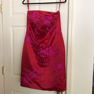 Vintage designer red satin dress with fuscia embroidery and beaded detail, sizeM